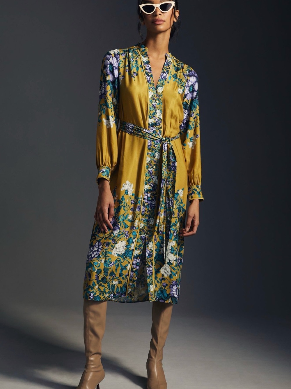 Anthropologie By Anthropologie Gold Floral Midi Shirt Dress Size Small